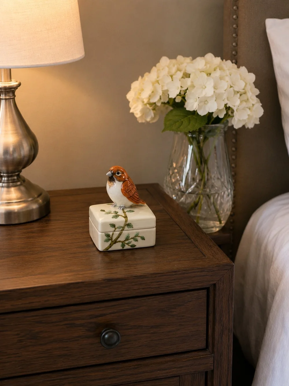 Ceramic Sparrow Trinket Box in White and Brown
